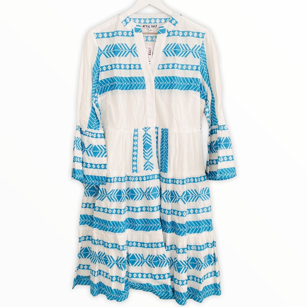 Attic Salt NWT Teal & White Aztec Style Ruffle Boho Dress Size S